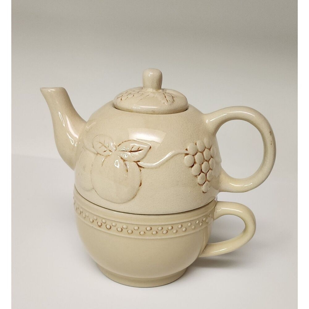 TWO PART TEA CUP AND INDIVIDUAL TEA POT COMBO FRUIT MOTIF